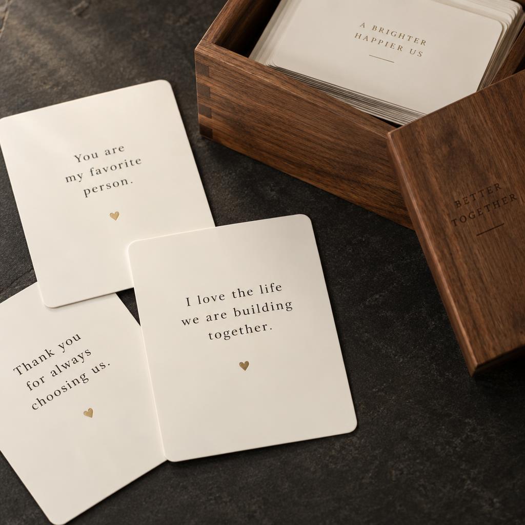 Illustrative affirmation cards beside a wooden keepsake box; sample messages about loving your partner