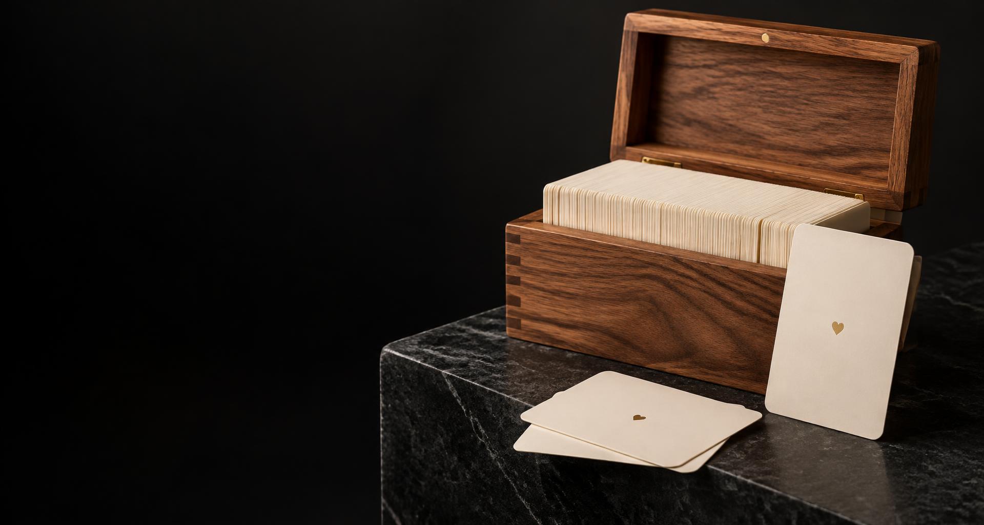 Illustrative wooden LOML gift box filled with affirmation cards